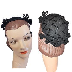 1940s Vintage Black Small Oval Juliet Style Felt Hat With Sequins And Bows